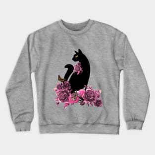 black color cat with butterfly moth and flowers, cats lovers design Crewneck Sweatshirt